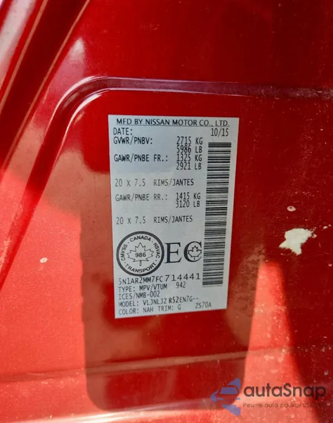 2015 Nissan Pathfinder S z USA, uszkodzony, nr VIN 5N1AR2MM7FC714441